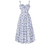 SCARLET DARKNESS Women's Summer Floral Sun Dresses Beige Blue Midi A-Line Corset Pleated Smocked Victorian Boho Beach Dress L