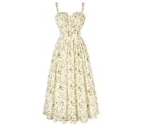 SCARLET DARKNESS Women's Summer Floral Sun Dresses Beige Green Midi A-Line Smocked Victorian Cottagecore Boho Beach Corset Dress L