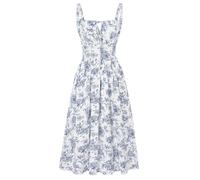 SCARLET DARKNESS Women's Summer Floral Sun Dresses Blue Midi A-Line Corset Pleated Smocked Victorian Beach Dress Blue Line Floral L