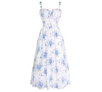 SCARLET DARKNESS Women's Summer Floral Sun Dresses Blue Midi A-Line Corset Pleated Smocked Victorian Boho Beach Dress L