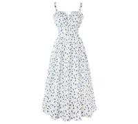 SCARLET DARKNESS Women's Summer Floral Sun Dresses White Blue Midi A-Line Corset Pleated Smocked Victorian Boho Beach Dress L