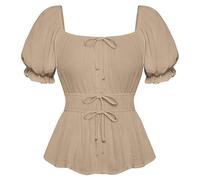 SCARLET DARKNESS Women's Summer Tops Renaissacne Square Neck Blouse Ruffle Cottagecore Shirts for Party Plus Size XXL Khaki