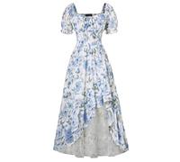 SCARLET DARKNESS Women's Victorian Dress A-Line Boho Irregular Hem Lace-up Casual Dress for Beach Blue Floral S