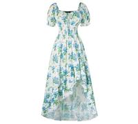 SCARLET DARKNESS Women's Victorian Dress A-Line Boho Irregular Hem Long Casual Dress for Beach White Blue Floral S