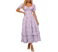 SCARLET DARKNESS Women's Victorian Dresses Floral Short Sleeve Ruffled Hem Summer Long Boho Dress Purple and Yellow Floral M