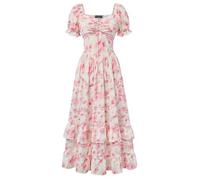 SCARLET DARKNESS Women's Victorian Dresses Floral Short Sleeve Ruffled Hem Summer Long Boho Dress White and Pink Floral L
