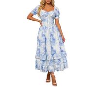 SCARLET DARKNESS Women's Victorian Dresses Floral Short Sleeve Ruffled Hem Summer Long Boho Dress White and Blue Floral XL