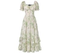 SCARLET DARKNESS Women's Victorian Dresses Floral Short Sleeve Ruffled Hem Summer Long Boho Dress White and Green Floral L