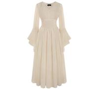 SCARLET DARKNESS Women's Vintage Renaissance Dress Maxi V Neck Cottagecore Dresses Long Bell Sleeve Peasant Dress Apricot L