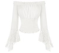 SCARLET DARKNESS Women's White Off The Shoulder Blouse Smocked Waist Shirts Long Sleeve Lace Patchwork Pirate Tops S