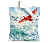 Scarlet I ird Canvas Tote Bag for Shopping 13 * 15, Cool Sea Ocean Waves Scenery Reusable Grocery Shoulder Cloth Bag for Women, Animal Painting Gift Decoration
