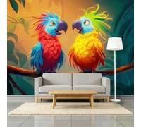 Scarlet Panoramic Wallpaper Photo Mural 450W x 315H cm, Tropical Botanical Animal Parrot Branch Wall Poster for Living Room Bedroom Nursery Playroom - Blue Seamless Effect Wall Art Mural Picture