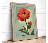 Scarlet Poppy Botanical Framed Wall Art Print A1 (84.1×59.4cm) Oak, Wall Decor for Living Room, Bedroom, Office & Home, Ready to Hang, Art Gift