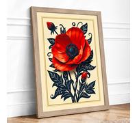 Scarlet Poppy Botanical Framed Wall Art Print A2 (59.4×42cm) Oak, Wall Decor for Living Room, Bedroom, Office & Home, Ready to Hang, Art Gift