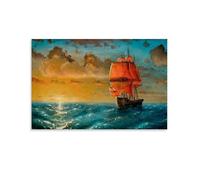 Scarlet Sail on The Waves Ink Painting Poster Poster Vintage Art, Wall Canvas, Decoration Aesthetic, Living Room, Kids Room Dormitory, Cafe, Bathroom, Suitable for Bedroom, Gym, Cool Classic 24x36inch