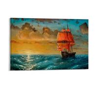 Scarlet Sail on The Waves Ink Painting Poster Poster Vintage Art, Wall Canvas, Decoration Aesthetic, Living Room, Kids Room Dormitory, Cafe, Bathroom, Suitable for Bedroom, Gym, Cool Classic 16x24inch
