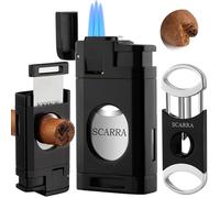 SCARRA Cigar Lighter,Multi-Function Torch Lighter and Cigar Cutter V Cut Set, Perfect Cigar Gift for Men, Windproof Triple Jet Flame Refillable Butane Lighters for Smoking Premium Cigar Accessory Kit