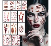 Scars Tattoo Halloween with Nail Stickers, 14 Sheets Halloween Costume Women's Face Stickers, Temporary Tattoo Zombie Vampire Witches Horror Wounds Scars Scary Face Tattoo Cosplay