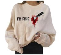 Scary Bloody Halloween Party Woman Sweatshirt Skull Graphic Print Oversized Black Cat Ghost Sweatshirts Pullover Tops Gothic Fall Clothes 2025 Top Womens Bloodstained Outfits, Khaki, M