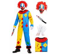 Scary Clown Costume Adult 4Pcs Killer Jumpsuit Clown Mask Halloween Outfit | 4Pcs, Killer Clown Costume, Jumpsuit, Clown Mask, Gloves, Halloween Costume, Carnival, Cosplay Accessories, Adults