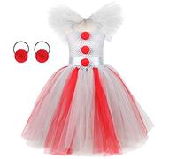 Scary Clown Costume for Kids Girls Pennywise It Fancy Dress Up Bride of Chucky Costume Tutu Dress+Clown Nose Hair Ring Outfit Birthday Party Halloween Christmas Carnival Cosplay Red-long 8-9 Years