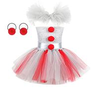 Scary Clown Costume for Kids Girls Pennywise It Fancy Dress Up Bride of Chucky Costume Tutu Dress+Clown Nose Hair Ring Outfit Birthday Party Halloween Christmas Carnival Cosplay Red-short 8-9 Years
