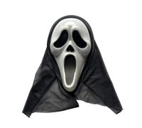 Scary Ghost Killer Mask with Black Hood, Lightweight Plastic Horror Costume with Stretch Back and Vision Mesh for Halloween Parties, Cosplay, Haunted House, Masquerade and Dress Up