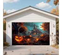 Scary Halloween Garage Door Cover Hanging Garage Door Background for Outdoor House Patio Lawn Horror Décor Party Supplies,Castle,7 x 8 Ft