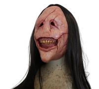 Scary Halloween Mask Creepy Grin Smiling Red Scar Face Demon Mask with Black Long Hair Latex Realistic Evil Scream for Cosplay Halloween Costumes, Scary