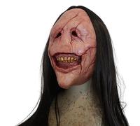 Scary Halloween Mask Creepy Grin Smiling Red Scar Face Demon Mask with Black Long Hair Latex Realistic Evil Scream for Cosplay Halloween Costumes, 2025