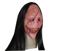 Scary Halloween Mask Creepy Grin Smiling Red Scar Face Demon Mask with Black Long Hair Latex Realistic Evil Scream for Cosplay Halloween Costumes, Demon