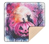 Scary Halloween Pink Jack-o-Lantern Pumpkin Black Cat Halloween Large Sturdy Baby Play Mat for Indoor Outdoor Lightweight Tummy Time Mat for Baby Kids Toddlers Infants, 50'' x 50''