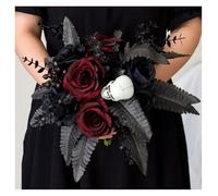 Scary Halloween Silk Black Rose with Skull Decoration Hand Bouquet, Realistic Artificial Red Rose with Skull, Bridal Bouquet Wedding Family Birthday Party Set Garden Black Wedding Decoration(Black1)