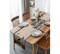 Scary Halloween Skull Crow Table Runner 90 Inches Long, Moon Plant Black Beige Washable Table Runners Heat-Insulation Kitchen Dining Table Decorations for Home Party Decor 13x90in