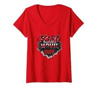 Scary Movie Buff: Horror Film Fanatic Gothic Drip V-Neck T-Shirt, Women, Red, M