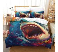 Scary Shark 3D Printed Duvet Cover Set Animals Quilt Cover 2 Pillowcases Bedding Set Hypoallergenic with Zipper Closure 3 Pcs for Adults Kids Single(140x200cm)