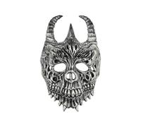 Scary Skull Mask with Horn Horror Monster Demon Half Face Skeleton Masks Realistic Bloody Creepy Ghostface Role Play Props for Halloween Cosplay Haunted House (Silver)