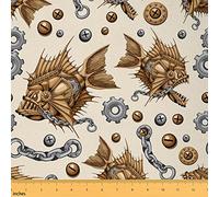 Scary Steampunk Fabric by The Yard Abstract Steampunk Piranha Fish Machine Theme Upholstery Fabric for Chairs and Home DIY Projects Vintage Decorative Waterproof Fabric 1 Yard,(L92*W150cm)