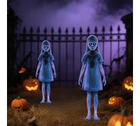 Scary Twins Halloween Yard Signs Stakes Girl Ghost Courtyard Halloween Decoration 40cm Horror Twin Girls Garden Stake Iron Scary Zombie Silhouette Outdoor Waterproof Lawn Decorations (A-2pcs)