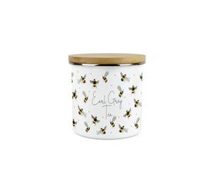 Scattered Bees Earl Grey Tea Canister - White Metal/Enamel Medium 600ml Kitchen Storage Container Gift