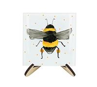 Scattered Bees Glass Coasters & Stand Set - Square Painted Bumblebees & Dots By Rhiannon Chauncey - Set of Four (4) Coasters & Wood Effect Stand