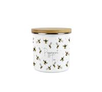 Scattered Bees Peppermint Tea Canister - White Metal/Enamel Medium 600ml Kitchen Storage Container Gift
