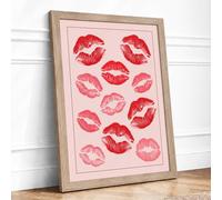 Scattered Lip Prints Modern Framed Wall Art Print A1 (84.1×59.4cm) Oak, Wall Decor for Living Room, Bedroom, Office & Home, Ready to Hang, Art Gift