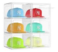 SCAVATA 6 Pack Hat Organizer Box, Stackable Clear Baseball Caps Holder Box Containers with Magnetic Door for Hats Snapback Cap Storag, Hat Rack Display Case, Holds 8 Hats Each (Clear)