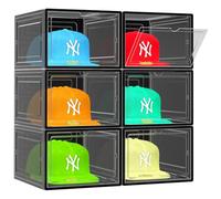 SCAVATA 6 Pack Hat Organizer Box, Stackable Clear Baseball Caps Holder Box Containers with Magnetic Door for Hats Snapback Cap Storag, Hat Rack Display Case, Holds 8 Hats Each (Black)