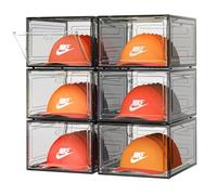 SCAVATA 6 Pack Hat Organizer Box, Stackable Clear Baseball Caps Holder Box Containers with Magnetic Door for Hats Snapback Cap Storag, Hat Rack Display Case, Holds 8 Hats Each (Black)