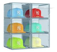 SCAVATA 6 Pack Hat Organizer Box, Stackable Clear Baseball Caps Holder Box Containers with Magnetic Door for Hats Snapback Cap Storag, Hat Rack Display Case, Holds 8 Hats Each (Blue)