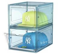 SCAVATA Hat Organizer Box, Stackable Clear Baseball Caps Holder Box Containers with Magnetic Door for Hats Snapback Cap Storag, Hat Rack Display Case, Holds 8 Hats Each (Blue, 2 Pack)