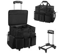 SCAVATA Rolling Cleaning Caddy Bag with Detachable Trolley, Large Cleaning Supplies Organizer with Wheels, Multi Pocket Cleaning Cart with Adjustable Shoulder Strap for Housekeepers & Home Use, Black