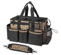 SCAVATA Wearable Cleaning Caddy, Cleaning Caddy Supplies Organizer with Handle & Shoulder Straps for Housekeepers, Under Sink & Car Cleaning Tool Organizers Bag with 4 Foldable Divider (Leopard)